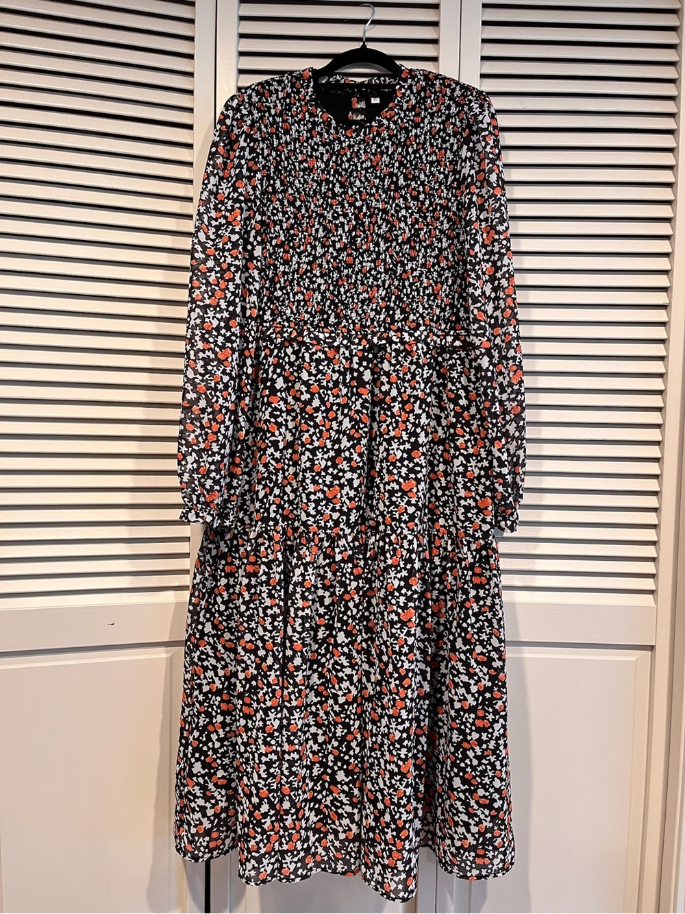 Black Floral Midi Dress with Red and White Accents